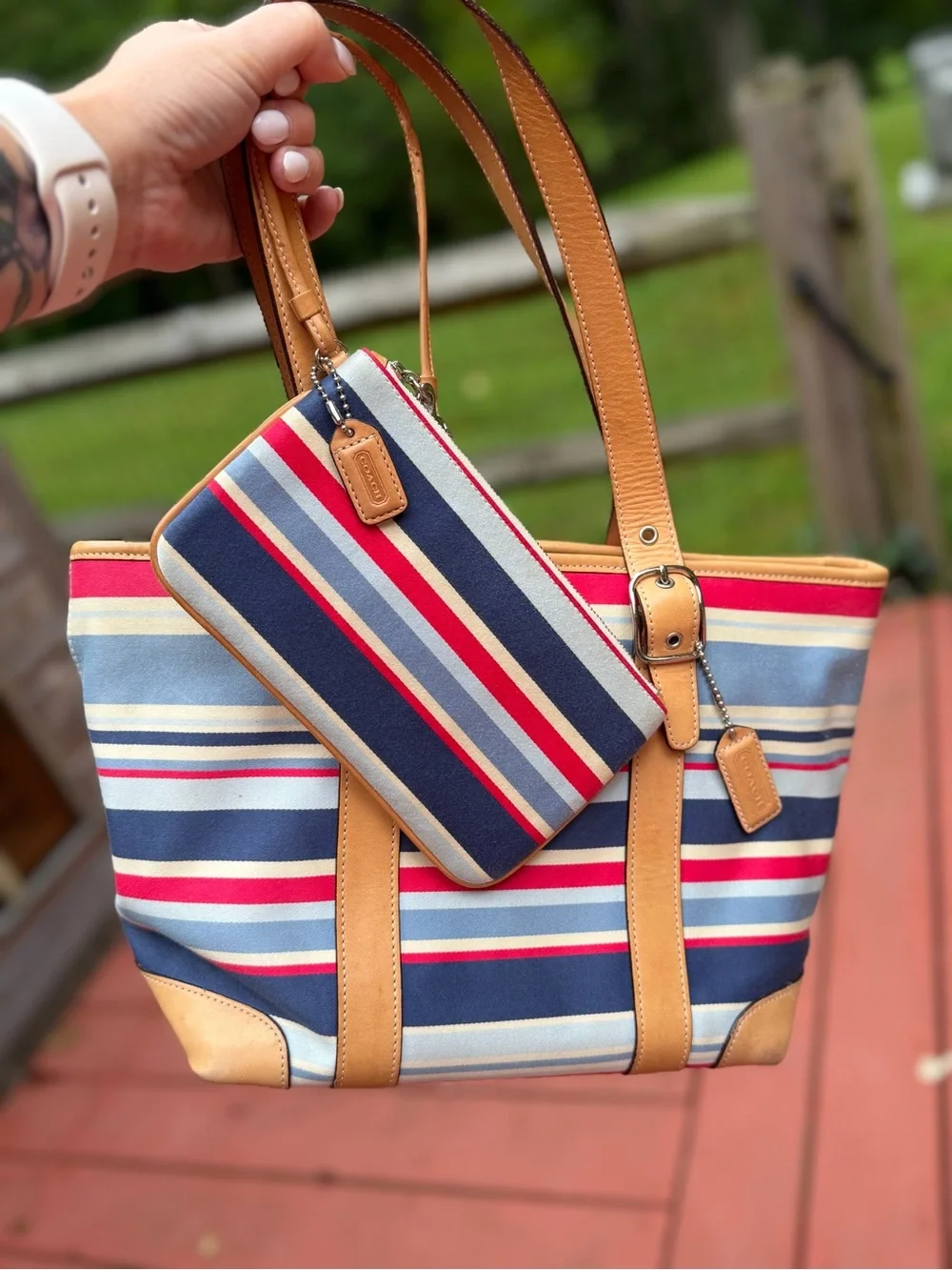 Coach Matching Vintage Hamptons Striped Canvas Tote Wristlet Tan Leather Trim